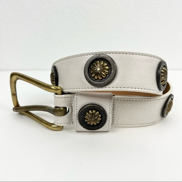 JENNY AND THE BOYS White Leather Belt with Brass Hardware and Conches, Size S - Picture 1 of 5